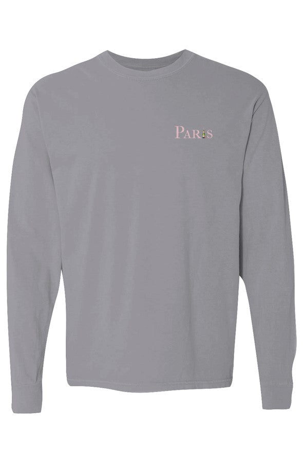 Paris Pink Bottle Left Embroidered Long-Sleeve in Granite